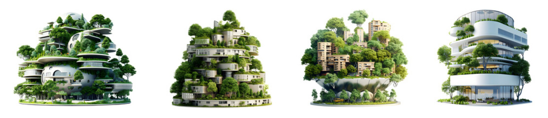 Set of 3D eco buildings Sustainable green Eco-friendly. Sustainable glass office building with tree for reducing carbon dioxide. Office with green environment. isolated on white - obrazy, fototapety, plakaty
