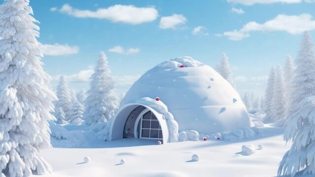 Igloo, Winter holiday vacation, 3d rendering.. 3d render and snow png like style