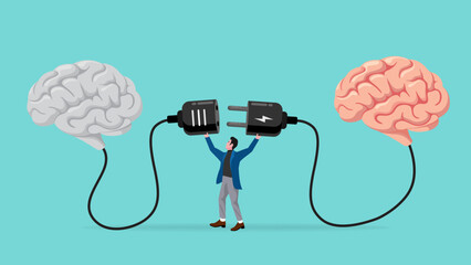give education, Provide education for human, Obtain knowledge and skills, Mentor and intern, coach and trainee, man connect plug with stupid brain to smart brain concept vector illustration flat style - obrazy, fototapety, plakaty