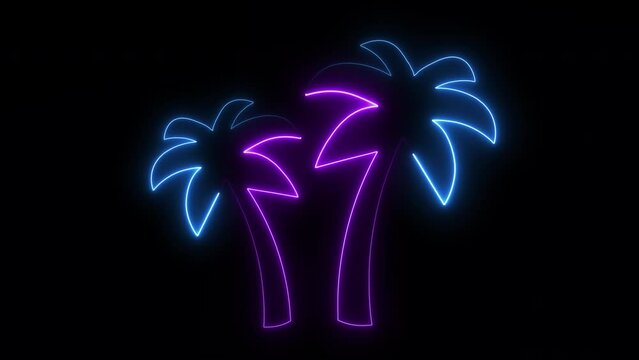 Neon Glowing Palm Trees Isolated on black Background. Neon palm trees isolated on black background. Neon Glowing Palm Trees Isolated on Black Background. Two colors motion palm tree design element.