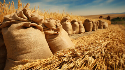 Abstract agrarian image with bags of grain in the agricultural sector in the farm - obrazy, fototapety, plakaty