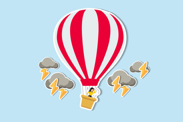 Fototapeta premium Mental health, depression or sadness, anxiety and stressed problem, work difficulty and obstacle, pessimism concept, depressed desperate and hopeless woman in falling down air balloon in thunder storm