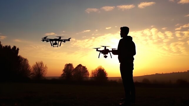 Man operating a drone with remote control. silhouette. Young man piloting a drone in flight with remote controller. Concepts of drone pilot and aerial filming.