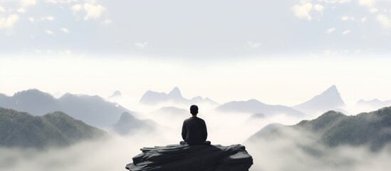 Meditation, landscape and man sitting on mountain top for mindfulness and spirituality. Peaceful, stress free and focus in nature with view, for mental health, zen and meditating practise.