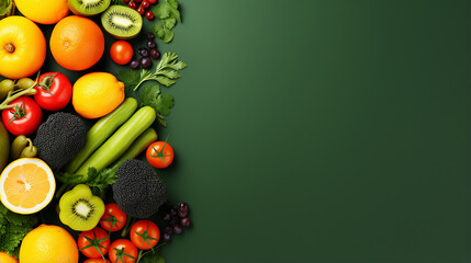 flat lay composition with fresh ripe vegetables and fruits on green background