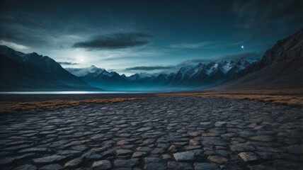 Empty stone floor black with background rugged mountain landscape under a moonlit sky, filled with...