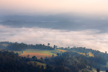 Beautiful morning landscape with mountains and sea of mist at Doi Hua Mod,Umphang Wildlife Sanctuary, Umphang district, Tak Province, Thailand.