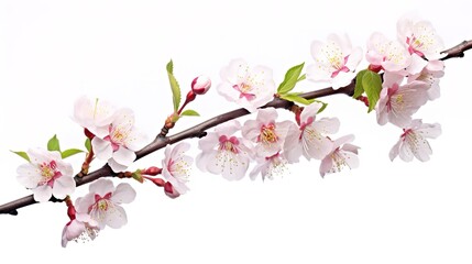Naklejka na ściany i meble Spring sakura cherry blooming flowers bouquet. Isolated realistic pink petals, blossom, branches, leaves vector set. Design spring tree illustration, generative ai