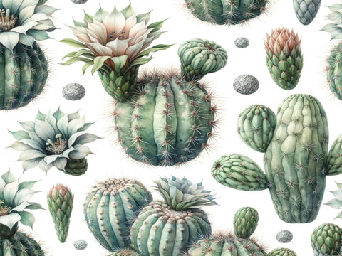watercolor botanical illustrations of a solo Cereus hexagonus in a seamless pattern style, each showcasing their unique details and delicate presentation.