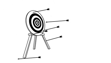 black and white illustration of arrows that stuck inaccurate on circle archery face target with three wooden legs. Isolated on white background