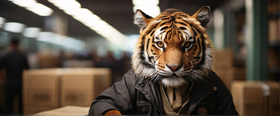 Employee Tiger, their back presented in a half-turn, wearing uniform in an factory, engrossed in the process of deciphering intricate of packing. Employ a wide-angle lens and dynamic lighting - obrazy, fototapety, plakaty