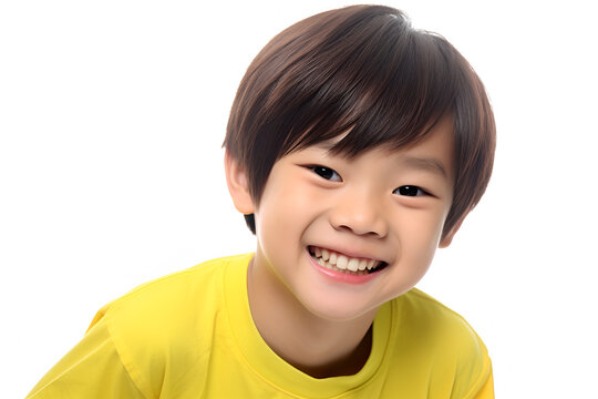 Asian little boy smiling and looking at camera isolated on white background.