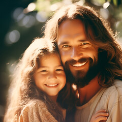Portrait of a happy father jesus and his daughter in the park.