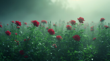 red roses in a foggy field