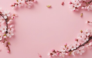 Cherry blossoms bloom on a pastel colored background. Pink cherry blossom flowers, dreamy and romantic image of spring, copy space. Planar arrangement.