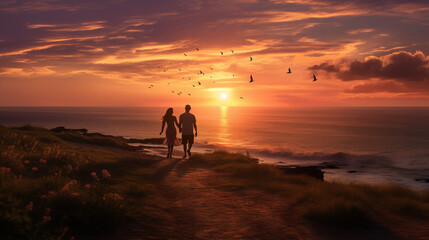 Fototapeta na wymiar sunset couple ocean