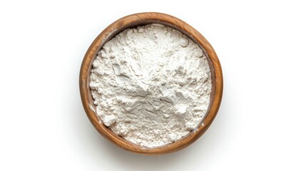 Fototapeta na wymiar wooden bowl of flour isolated on white background, top view