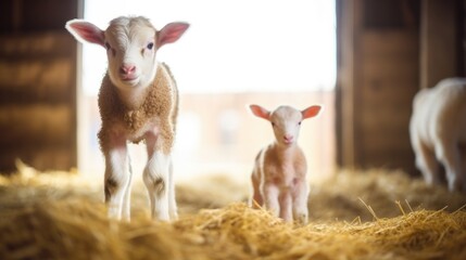 A newborn animal, identical in appearance to its genetic source, stands beside its surrogate mother in a specially designed barn, representing the success of cloning for elite farm animals.