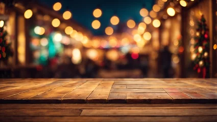 Fotobehang Wallpaper background with bokeh lightings and empty wooden table for product ads display  © Sompadith