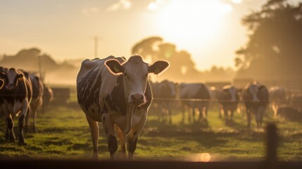 The tranquil morning scene on the dairy farm is complete with the sun rising over the horizon, illuminating the cows as they peacefully graze on the vast open fields. - obrazy, fototapety, plakaty