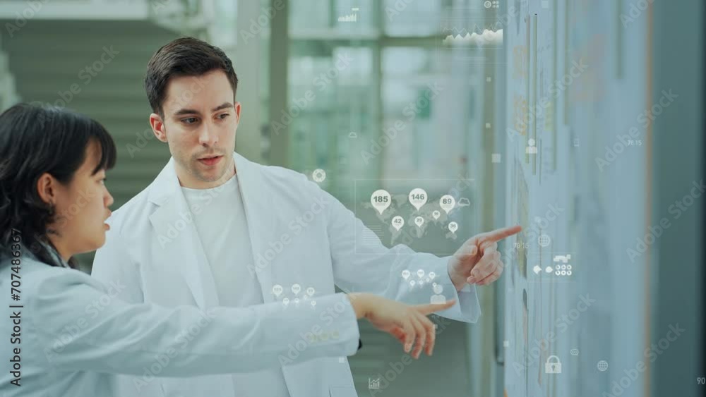 Aufkleber Multinational group in white coats discussing and statistical data concept.