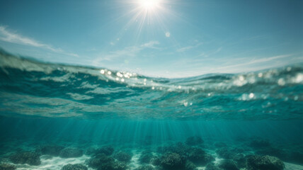 Underwater view of sea water surface with sun rays and blue sky. High quality photo