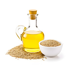 Sesame seed oil with sesame seeds isolated on a white background 