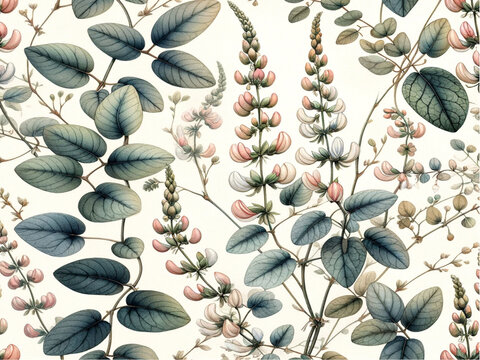 watercolor illustrations of Desmodium triflorum (L.) DC., depicted in a seamless pattern. These images emphasize the unique details and delicate presentation of the plant.