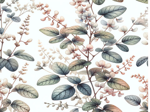 watercolor illustrations of Desmodium triflorum (L.) DC., depicted in a seamless pattern. These images emphasize the unique details and delicate presentation of the plant.