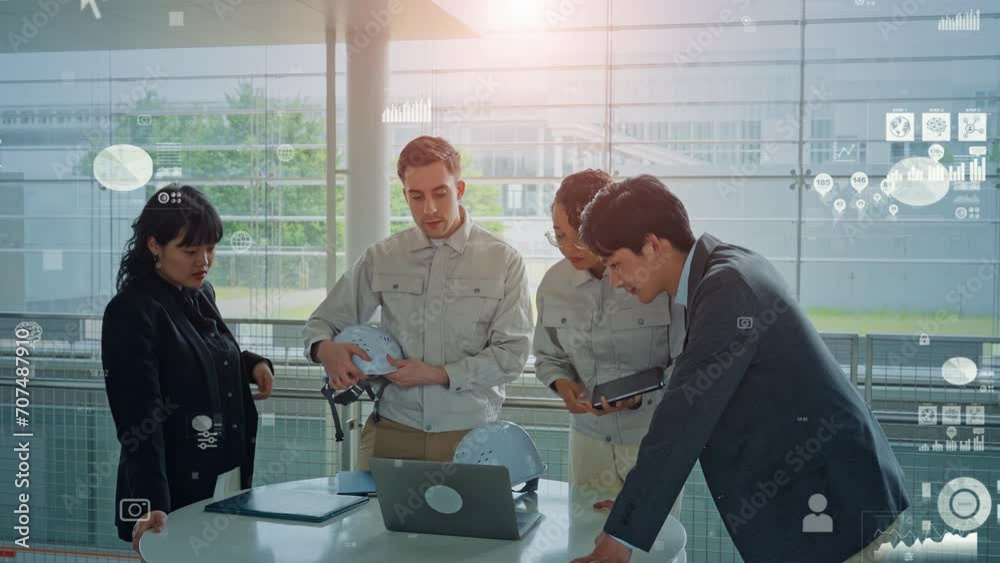 Poster multinational engineer and businesspeople meeting and statistical data concept.