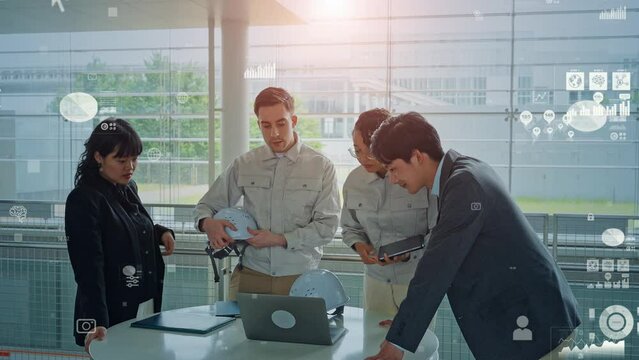 Multinational engineer and businesspeople meeting and statistical data concept.