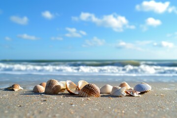 Fototapeta na wymiar close-up & low-angle shot of Seashells scattered on a sandy beach, with the gentle waves and blue sky in the backdrop, convey a sense of summer relaxation and the simple joy of beachcombing.