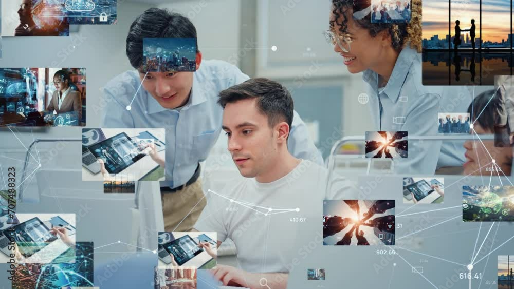 Poster multinational group working in office and digital content images. video creator.