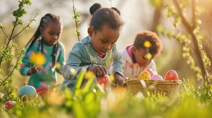 Group of adorable Hispanic children enjoy hunting Easter eggs game in meadow spring field leisure outdoors, bonding relationships friends kids boy and girl happy playing together, egg hunt activities - obrazy, fototapety, plakaty
