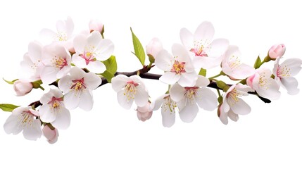 Fototapeta premium Spring sakura cherry blooming flowers bouquet. Isolated realistic pink petals, blossom, branches, leaves vector set. Design spring tree illustration, generative ai