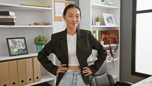 Confident young asian woman in a modern office wearing a stylish outfit shows a hint of a smile.