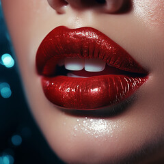 Fototapeta premium A Close Up, Macro of Perfectly Applied Metallic Red Lipstick
