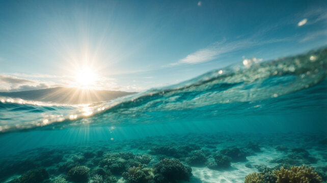 Underwater view of sea water surface with sun rays and blue sky. High quality photo