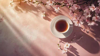 A cup of coffee or tea with spring-themed elements, from an overhead perspective on a tabletop, showcasing the warmth of a morning ritual, evoke a sense of comfort and the joy of simple pleasures.
