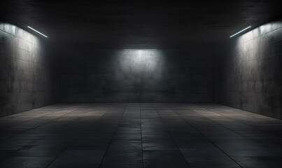 an empty room with black walls with lights shining from above. generative AI