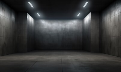 an empty room with black walls with lights shining from above. generative AI
