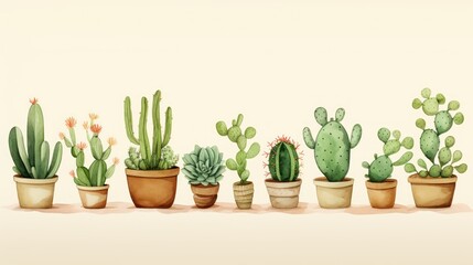 A watercolor style, minimal cartoon illustration of different cactuses, green, craft paper. - obrazy, fototapety, plakaty