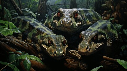 Intertwined anacondas resting in a shaded corner of the jungle, their sinuous forms creating a captivating pattern -Generative Ai
 - obrazy, fototapety, plakaty