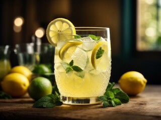 Fresh lemonade lemon juice in studio lighting and background, cinematic drink photography for ads - obrazy, fototapety, plakaty