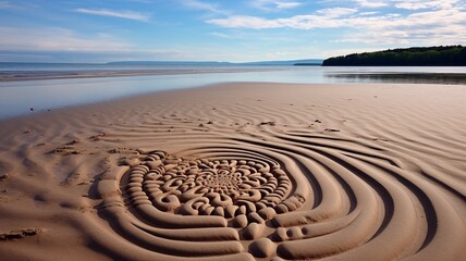 Intricate patterns left by receding waves on Hokkaido's beach, a temporary canvas of nature's artwork -Generative Ai
 - obrazy, fototapety, plakaty