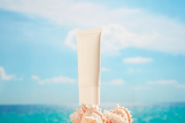 The background of sparkling water in the swimming pool featured an unlabeled tube standing on...