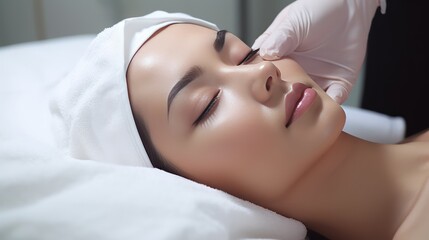 Fototapeta na wymiar A Beauty expert massaging young woman's face Close up of beautiful Asian woman's head in white hat and doctor's hands in gloves lying on treatment bed.
