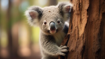 Naklejka premium Koala exploring a tree, detailed shot of its fingerprints on the bark -Generative Ai 