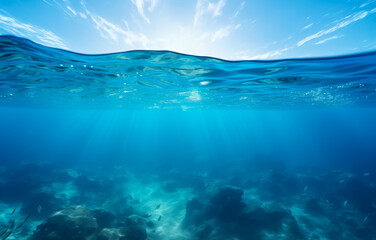 Fototapeta na wymiar Crystal clear ocean waters with sun rays and marine life below