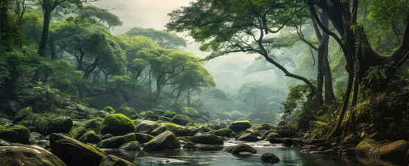Mystical forest stream amidst lush greenery